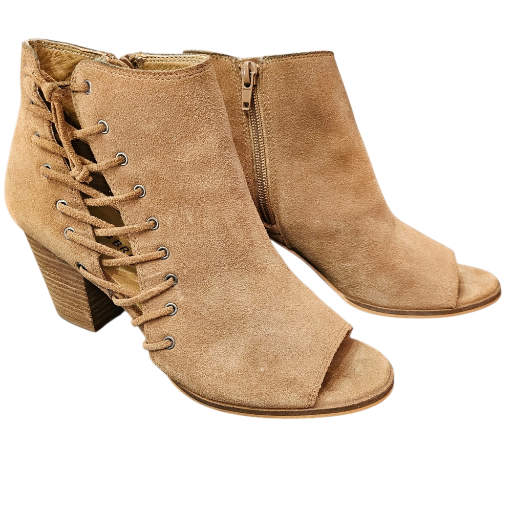 Lucky Brand Hartlee Tan Leather Lace-Up 2.75in Heel Ankle Booties Zip  Sz 6.5